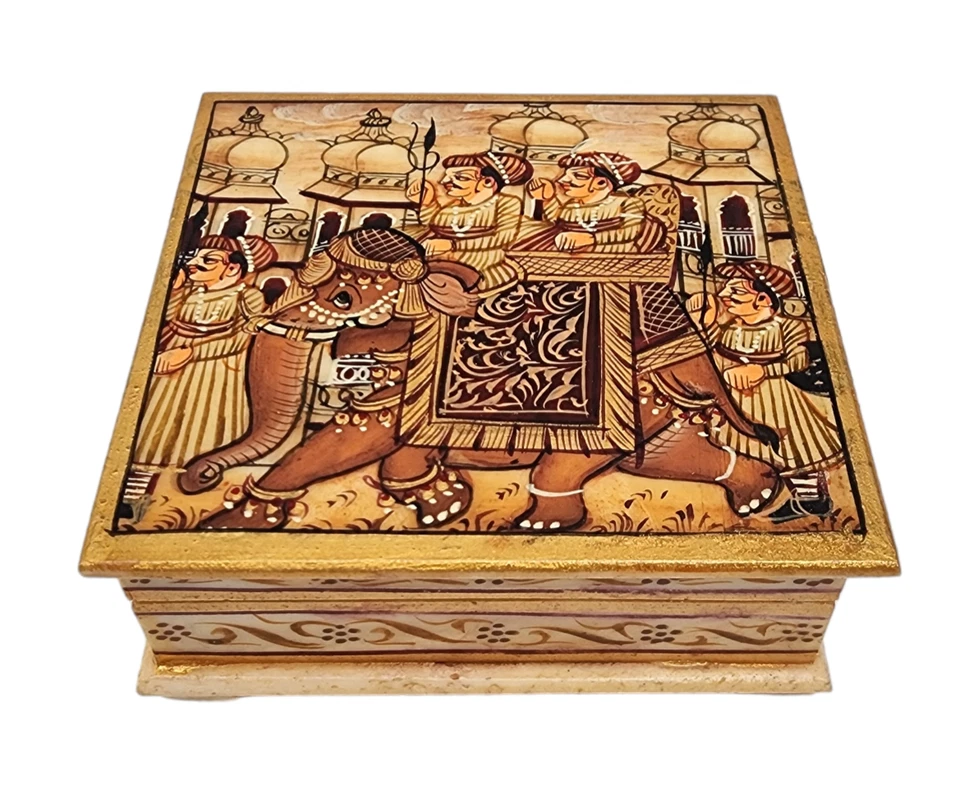 Antigua caja de pintura en miniatura mogol persa pintada a mano tallada vintage Foto 3 de 4