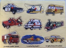 Melissa Doug Wooden Peg Sound Puzzle Vehicles Ship Airplane Car Tested Works