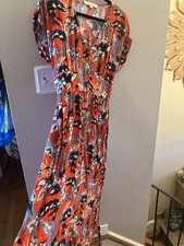 Loft Womens Botanical Button Tie Waist Midi Dress Size 8 Orange V Neck Tropical