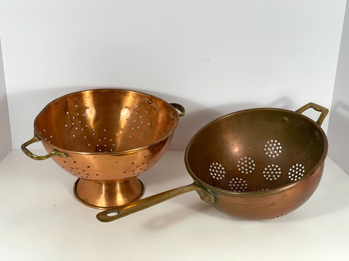 Lot of 2 Copper & Brass Colanders - One Unbranded, One Cobre Made in Chile