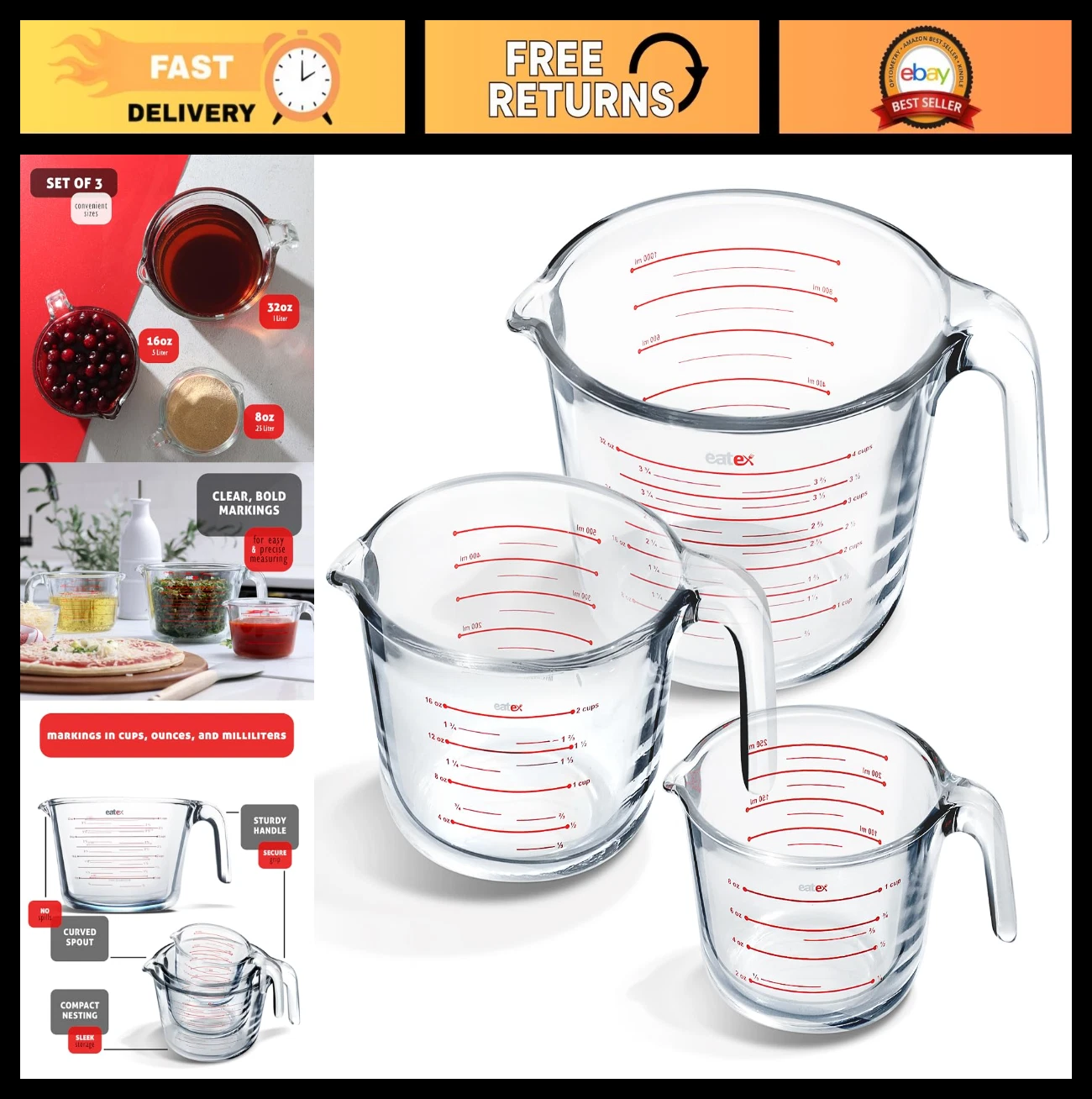 Glass Measuring Cups Set of 3 - Liquid Measurement, 1, 2, 4 Cup - Oven & Microwa