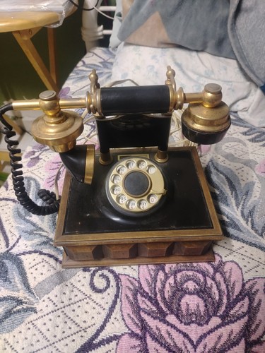 Rotary Dial Desk Phone Wood & Brass Design Collectible