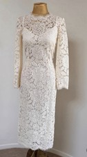 Dolce&Gabbana Ivory Lace Sheath Midi Dress Long Sleeve Crew Neck Sz 42