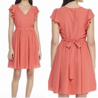 Gal Meets Glam Bree Flatter Sleeve Button Front Mini Dress Coral Pink Sz 20 NWT