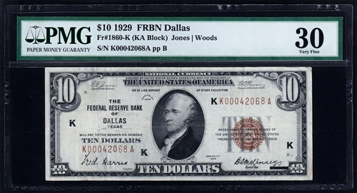 USPC FR#1860-K $10 1929 SMALL SIZE FRBN (BROWN SEAL) DALLAS PMG 30 VF - Picture 1 of 4