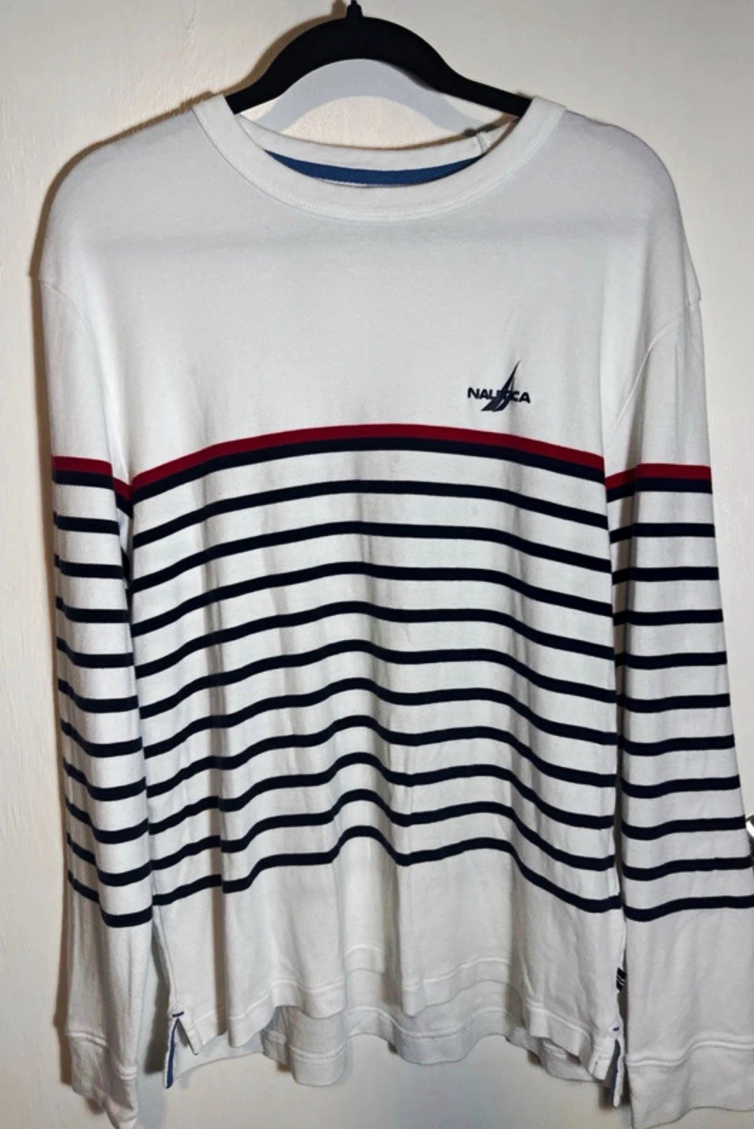 Nautica Men's Striped Crew Neck Pullover Sweatshirt White Navy Red L - product detail image 1