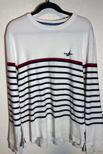 Nautica Men's Striped Crew Neck Pullover Sweatshirt White Navy Red L - product listing photo