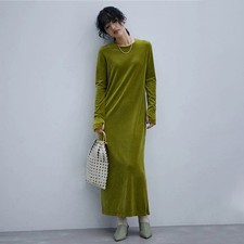 Retro Side Split Design Solid Color Velvet Loose Women Long Dress Crew Neck New