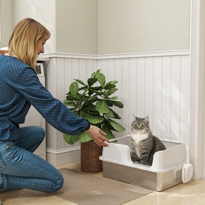 Katzentoilette aus Edelstahl, hochseitige Katzentoilette aus Metall mit Schaufel
