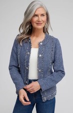 NWT Chicos Open Front Tweed Jacket Navy Lined Long Sleeve Size 8 Career Blazer