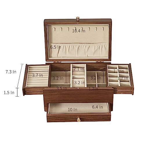 Wooden Jewelry Box for Women, 3 Level Multi-functional Drawer Black Walnut - Picture 7 of 8