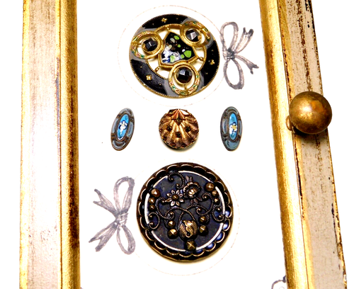 Framed Antique BUTTONS Enamel Cut Steel Victorian Charmstrings NICE - Picture 8 of 15
