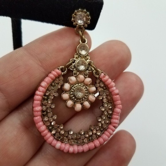 Statement Dangle Flowers Pink Beaded Stud Earring… - image 6