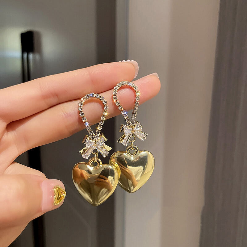 Fashion KC Gold Bow Heart Crystal Earrings Stud Drop Dangle Wome