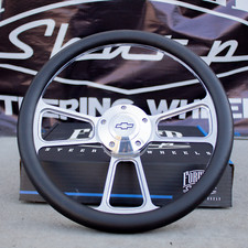 14" Billet Steering Wheel Muscle Black Half Wrap + Chevy Horn Button Licensed