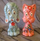Vintage Ceramic Hand Painted Anthropomorphic Blue Dog & Pink Cat Signed 1971 Euc