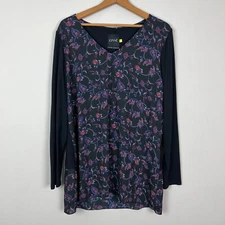 Lysse Tunic Top Womens Large Black Floral Sheer Mixed Media Long Sleeve V-Neck L