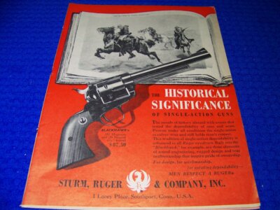 1960 RUGER BLACKHAWK .357/.38 ''HISTORICAL SIGNIFICANCE''..1-PAGE SALES AD (10FF)
