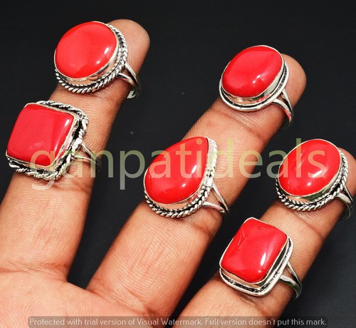 Red Coral Gemstone Rings 5pcs Wholesale Lot 925 Silver Plated Jewelry - 第 1/1 張圖片
