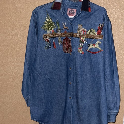 Vintage 90s Chambray Christmas Button Front Shirt Size L