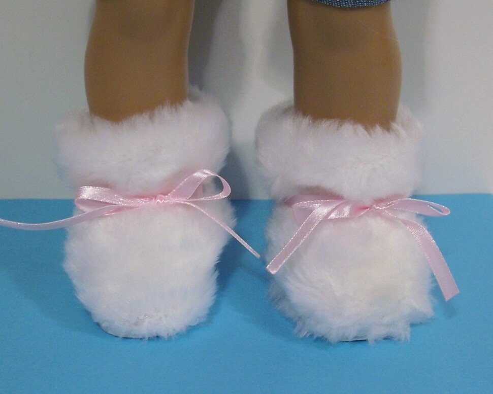 WHITE Faux Fur PINK Bow Slippers House-Shoes For 18
