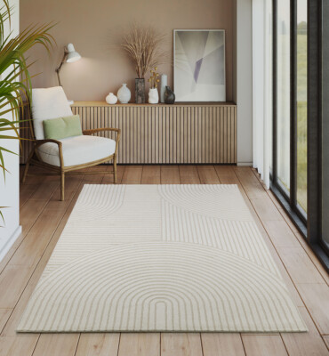 Teppich Wohnzimmer Kurzflor Arc Curve Design Skandinavisch Creme