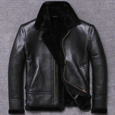 Men' Aviator Pilot B3 Real Shearling Sheepskin Leather Bomber Jacket Flying Coat
