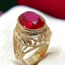 Ruby Oval Cut With 925 Sterling Silver Gold Plated Ring For Men's #A12 *