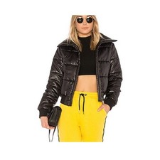 Revolve Lovers + Friends Black Satin Puffer Jacket Banded Hem & Cuff Zip L