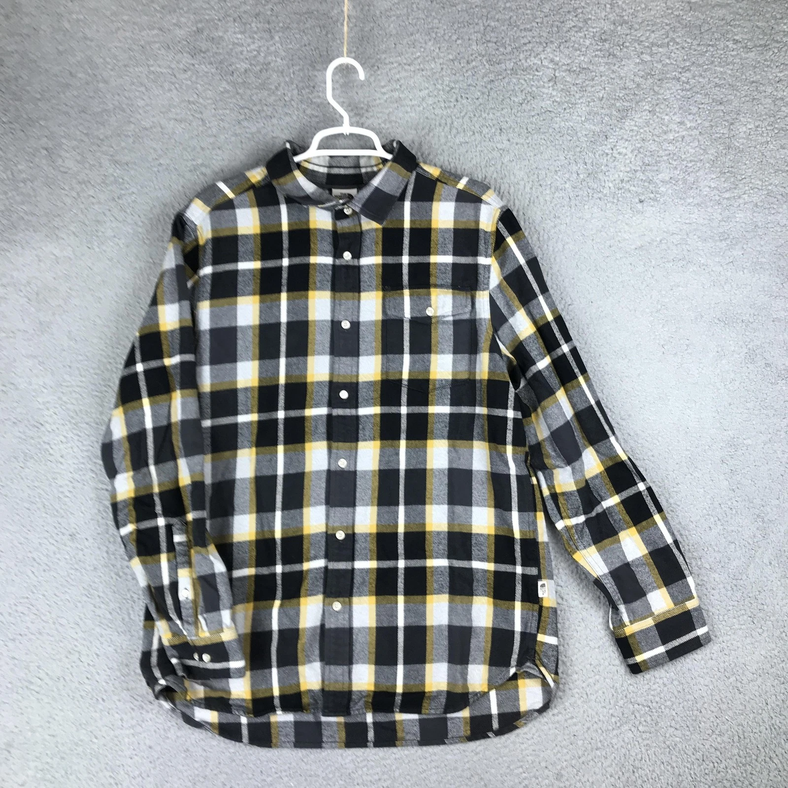 North Face Shirt Mens Large Black Yellow Gray Plaid Button Down Flannel Outdoor