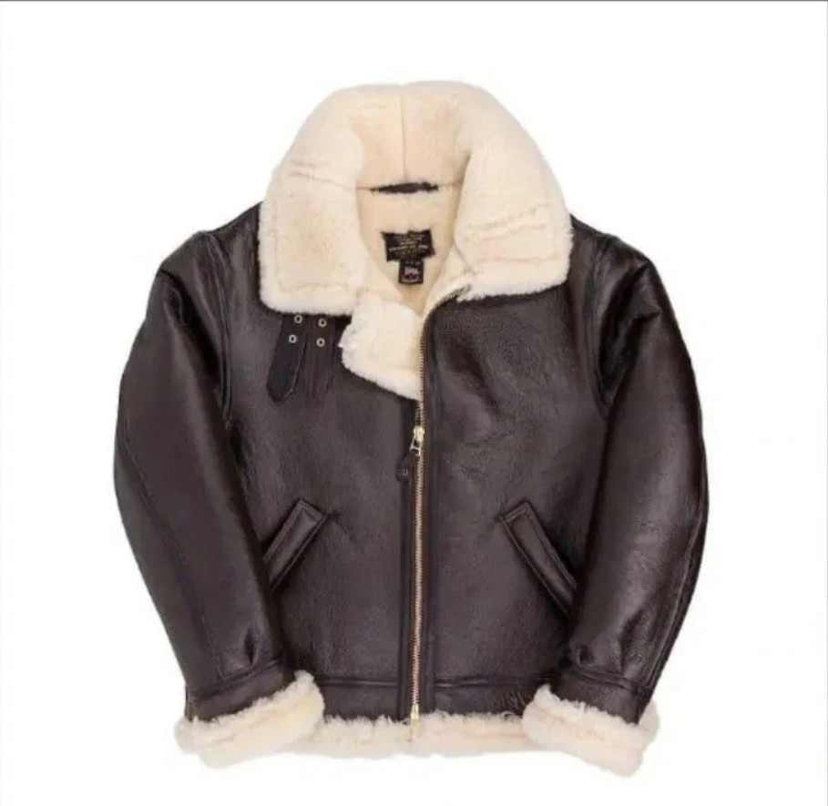 B3 Aviator Bomber Jacket Real Sheepskin Leather Real Fur Pilot Coat Handmade image 4
