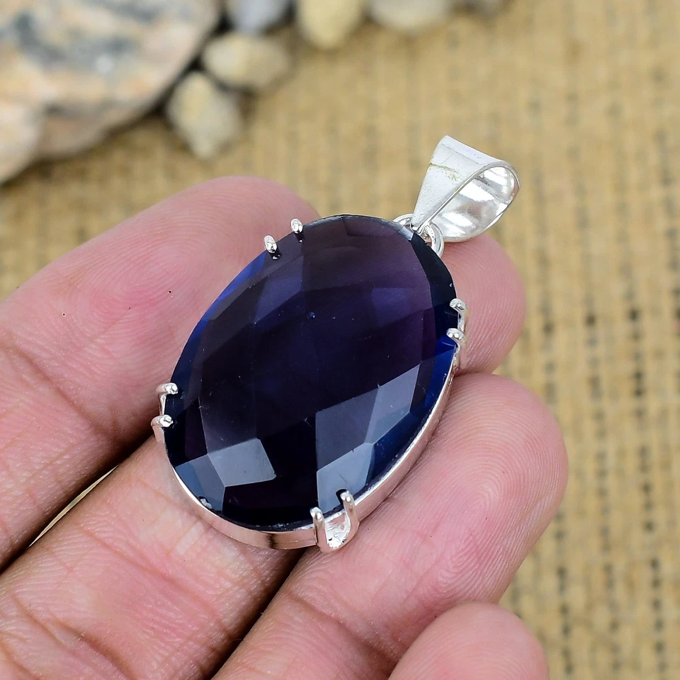 Colgante de plata de ley 925 hecho a mano con piedras preciosas de iolita joyería regalo de acción de gracias Foto 3 de 4