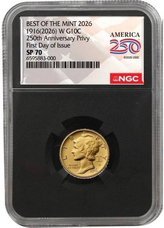 2026-W MS70 Mercury Dime Gold Coin  NGC First Day of Issue SP70 FDOI ,PRESALE.