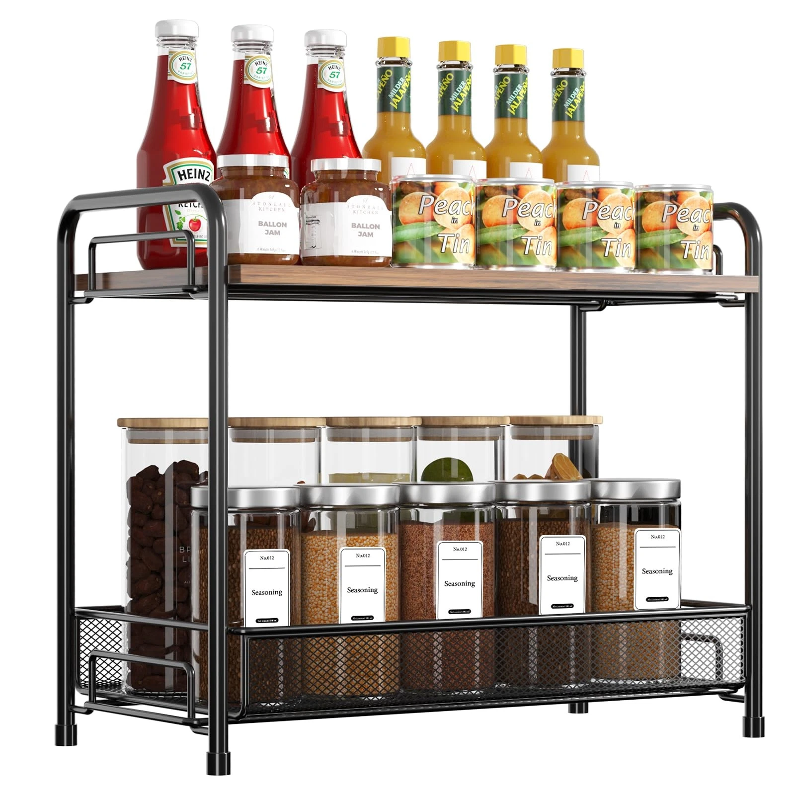 Spice Rack Organizer for Countertop with Wood Top, 2-Tier Foldable Metal Rust...