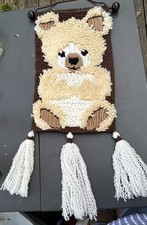 Vintage Completed Tan Brown Teddy Bear Latch Hook Wall Hanging 37" x 13"