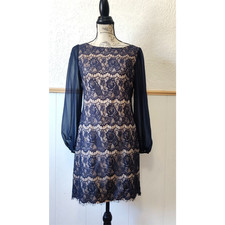 Eliza J Floral Lace Over Lay Cocktail Dress Size 8 Sheer Long Sleeve Navy
