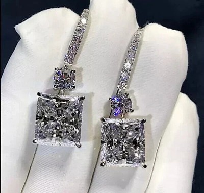 4Ct Princess Cut Lab Created Diamond Drop & Dangle Earrings 14K White Gold Over