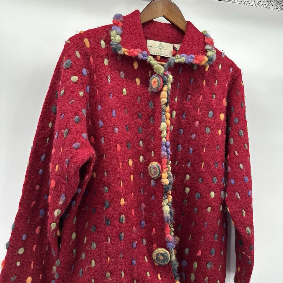 Design Options Cardigan Sweater Womens Large Red Multicolor Art Button Wool - Image 2 of 4