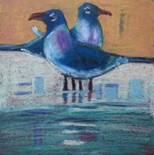 Original Pastel Painting Two Blue Seagulls Water Reflection 15.5x15.5" OOAK