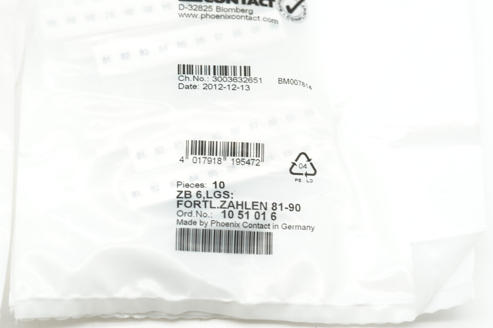 80 pcs Phoenix Contact Zackband ZB 6, LGS: CONSECUTIVE NUMBERS 81-90