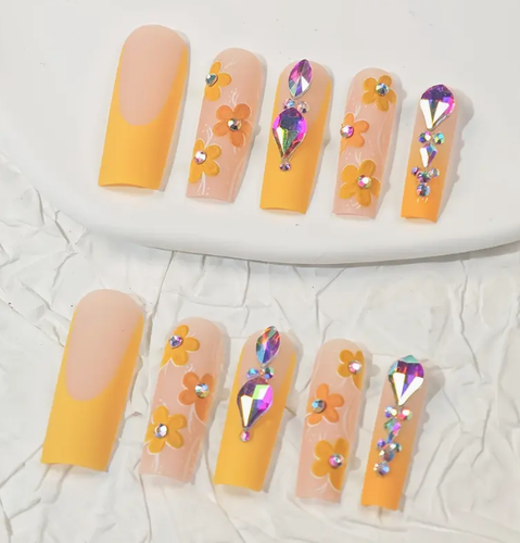 24 Pcs Press-on Nails Long Coffin Shades of Yellow with Flowers & Gems ...