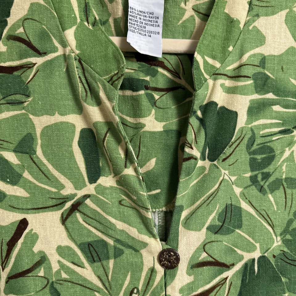 Vestido Sag Harbor 14 Verde Lino Camisa Hoja Tropical Midi Vacaciones Resort Verano Foto 3 de 4