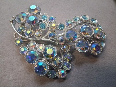 BSK aurora borealis & blue silvertone statement brooch
