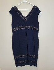 Adrianna Papell Dress Womens Size 18 W Navy V Neck Fitted Cocktail