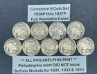 Complete FULL DATE Buffalo Nickels Set of 9 COINS 1926P-1937P ~ SHARP SET!