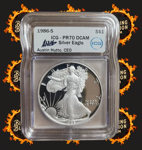1986-S $1 American Silver Eagle ICG Proof PR70 DCAM Austin Hutto Autograph Label