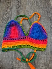 Handmade Crochet Women's Small Bralette Halter Cross Tie Back Top Rainbow