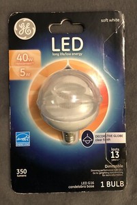 GE 37180 Dimmable Candelabra Base G16 Shape LED Light Bulb, 350 Lumens