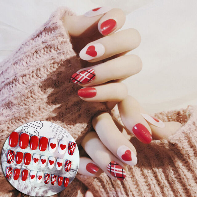 Red Heart Acrylic Nail Tips Short False Nails Art Fingernails 24pcs Set Do J7 For Sale Online Ebay