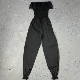 Vintage 80s Black Nylon Strapless Harem Jumpsuit Smocked Bodice Lace Trim Small
